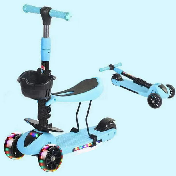 Children Kids Adjustable Handheld Kick Scooter w/ LED Light 3-Wheel/Seat/Basket